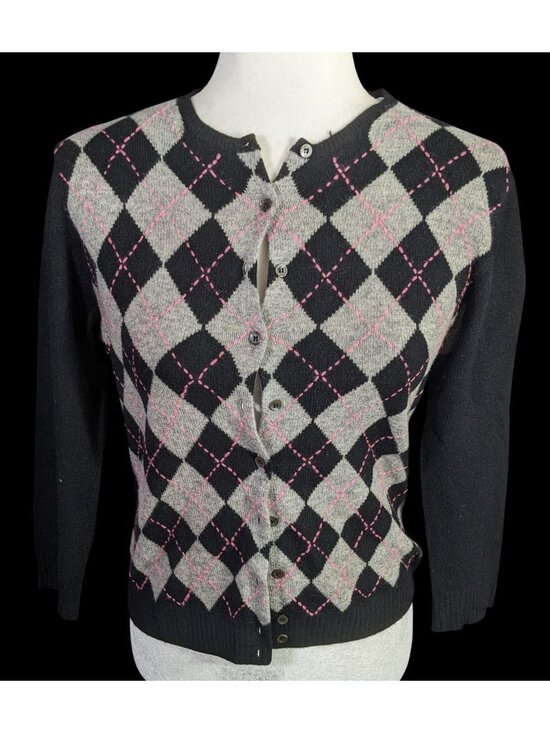 J. Crew Sweaters - Preppy J.Crew Vintage Womens Cashmere Argyle Cardigan Sweater - Black/Gray/Pink
